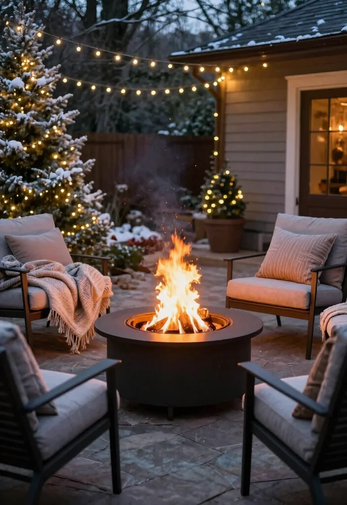 14 Christmas Patio Decorating Ideas That Sparkle Bright 41 14 Christmas Patio Decorating Ideas That Sparkle Bright - 11. Outdoor Fire Pit Magic 1