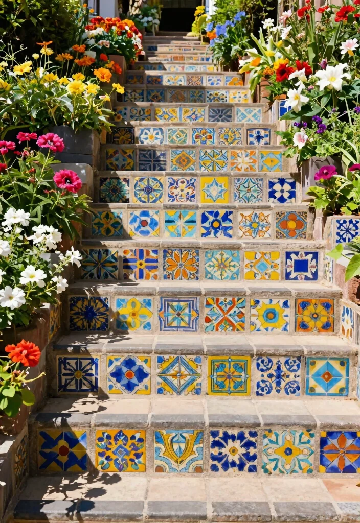 14 Outdoor Stairs Ideas That Elevate Your Landscape - 11. Artistic Tile Steps 1