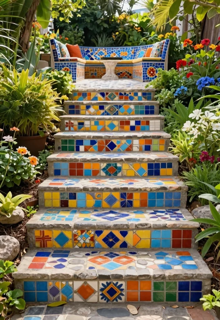 14 Outdoor Stairs Ideas That Elevate Your Landscape - 14. Custom Mosaic Steps 1