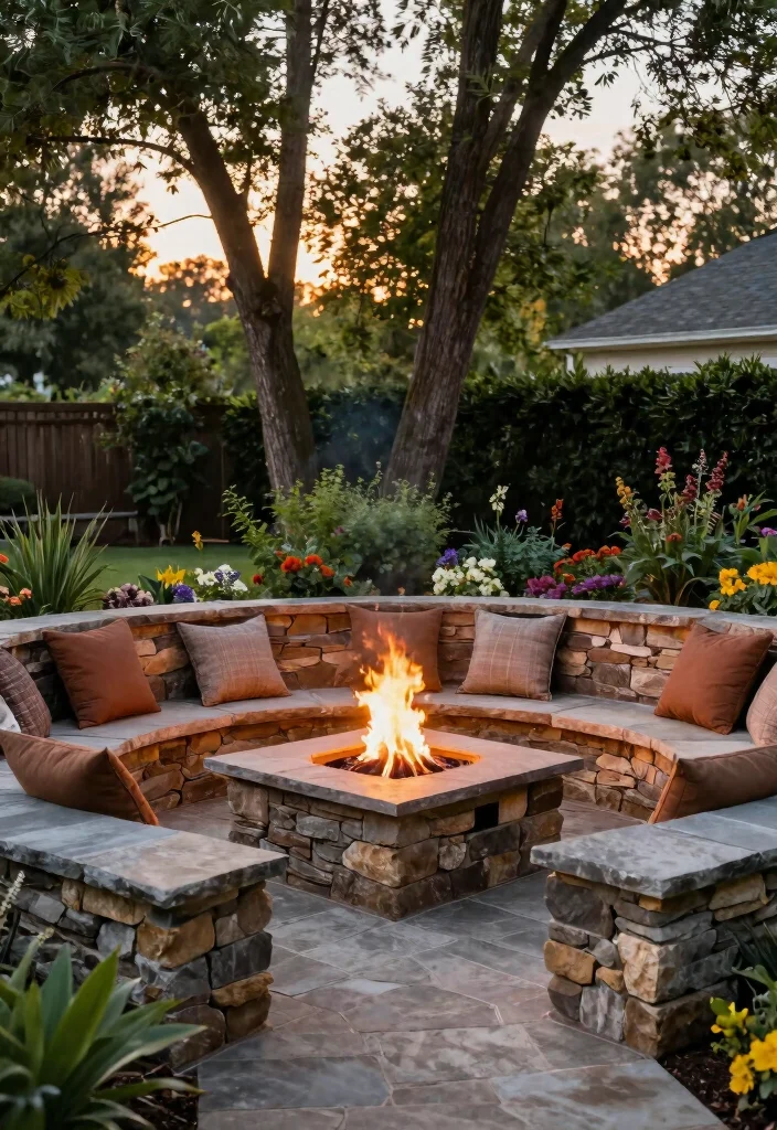 15 Fire Pit Ideas Outdoor Spaces Will Obsess Over - 2. Stone Fire Pit with Seating Wall 1