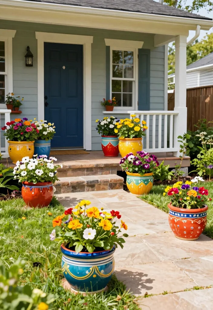 15 Front of House Planter Ideas That Boost Curb Appeal 48 15 Front of House Planter Ideas That Boost Curb Appeal - 9. Colorful Ceramic Planters 1