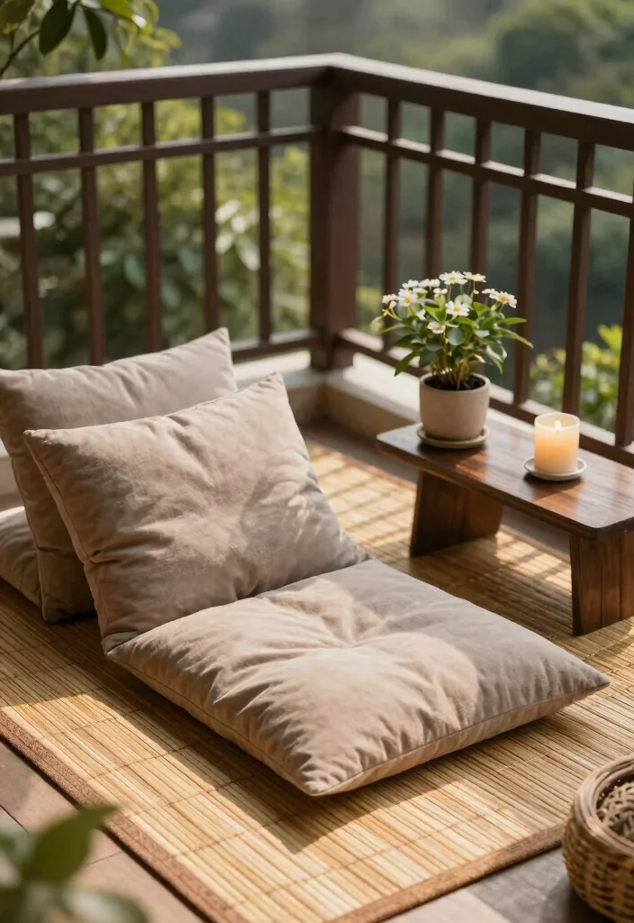 15 Zen Balcony Ideas for a Calm & Minimal Escape - 1. Cozy Bamboo Mat Retreat 1