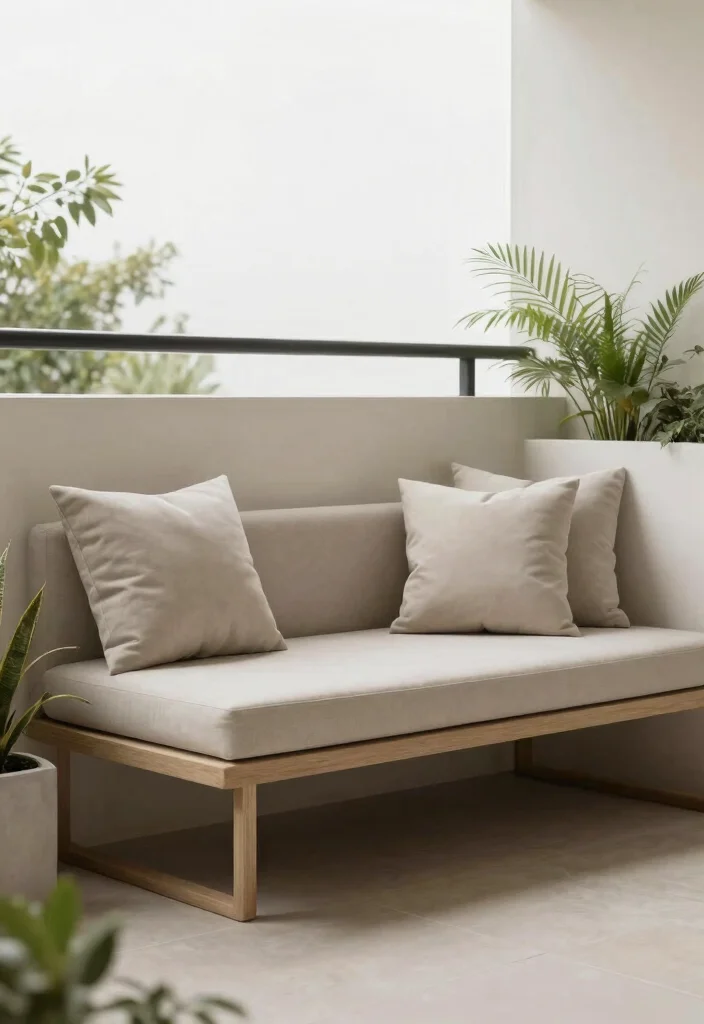 15 Zen Balcony Ideas for a Calm & Minimal Escape - 10. Minimalistic Cushioned Seating 1