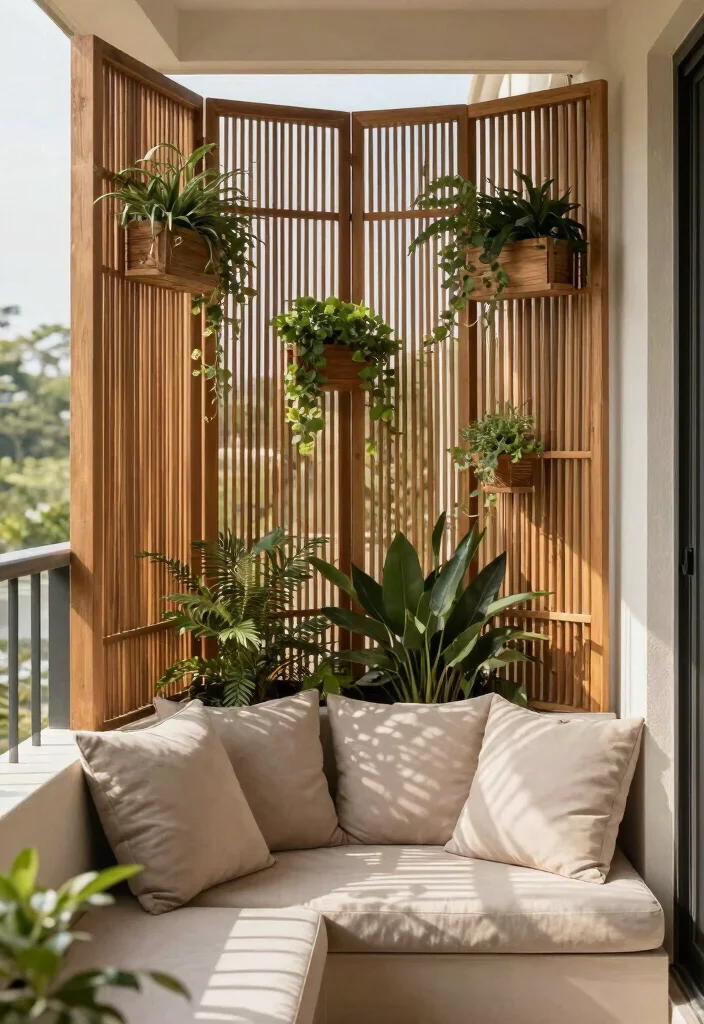 15 Zen Balcony Ideas for a Calm & Minimal Escape - 11. Decorative Privacy Screens 1