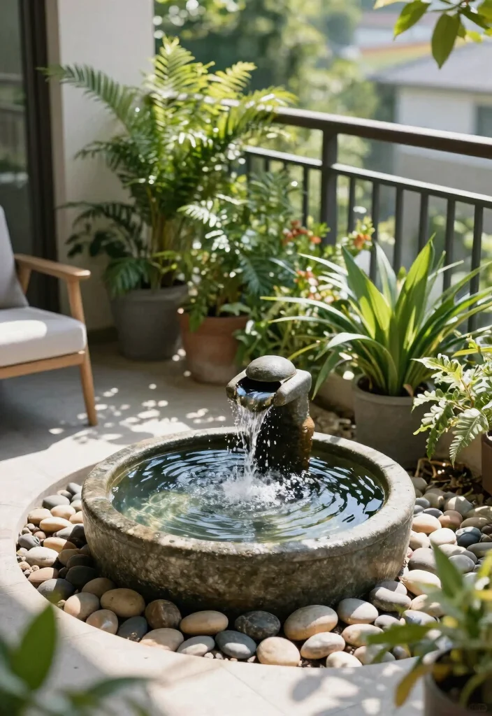 15 Zen Balcony Ideas for a Calm & Minimal Escape - 4. Tranquil Water Feature 1
