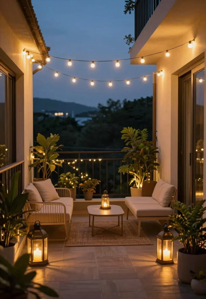 15 Zen Balcony Ideas for a Calm & Minimal Escape - 5. Soft Lighting for Evening Calm 1