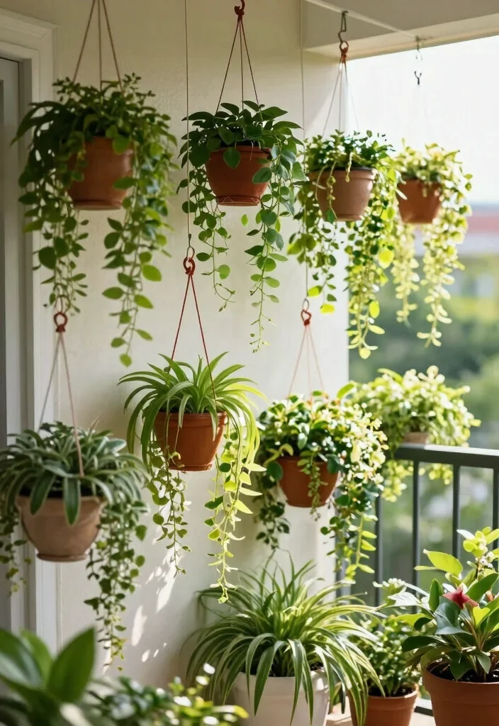 15 Zen Balcony Ideas for a Calm & Minimal Escape - 9. Hanging Planters for Space Saving 1