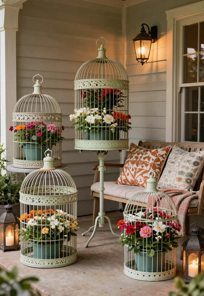 16 Bird Cage Planter Ideas That Look Whimsical & Chic 52 16 Bird Cage Planter Ideas That Look Whimsical & Chic - 12. Cozy Porch Decor 1