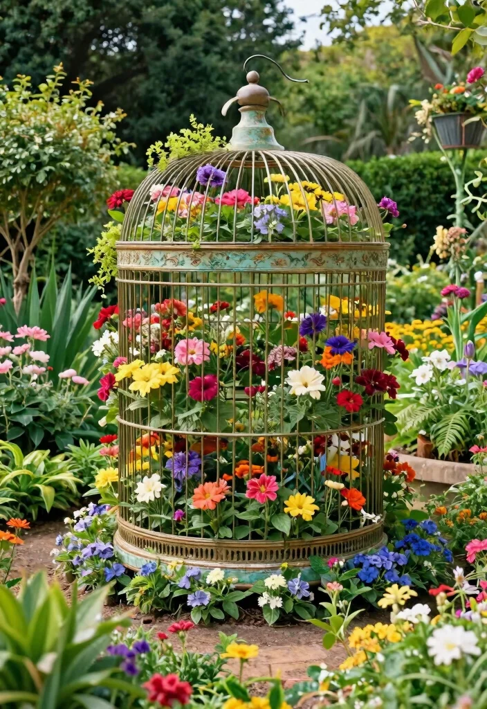 16 Bird Cage Planter Ideas That Look Whimsical & Chic 63 16 Bird Cage Planter Ideas That Look Whimsical & Chic - 13. Artistic Garden Sculpture 1