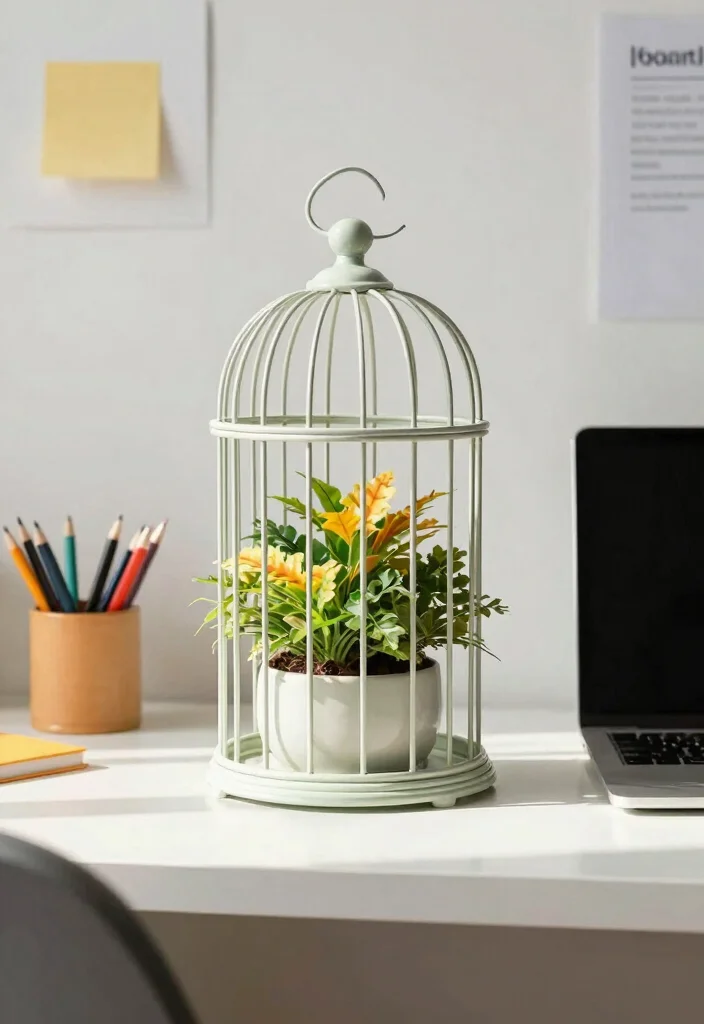 16 Bird Cage Planter Ideas That Look Whimsical & Chic 64 16 Bird Cage Planter Ideas That Look Whimsical & Chic - 15. Quirky Office Decor 1