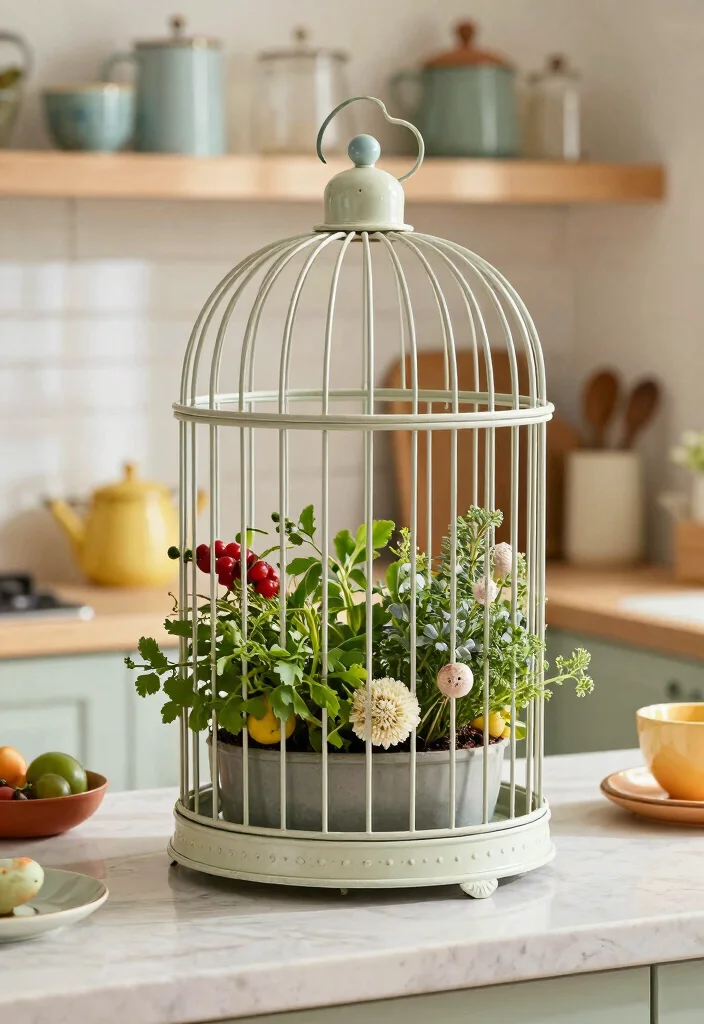 16 Bird Cage Planter Ideas That Look Whimsical & Chic 65 16 Bird Cage Planter Ideas That Look Whimsical & Chic - 16. Charming Kitchen Decor 1
