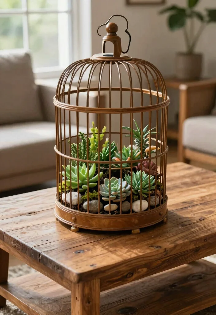 16 Bird Cage Planter Ideas That Look Whimsical & Chic 12 16 Bird Cage Planter Ideas That Look Whimsical & Chic - 2. Rustic Table Display 1