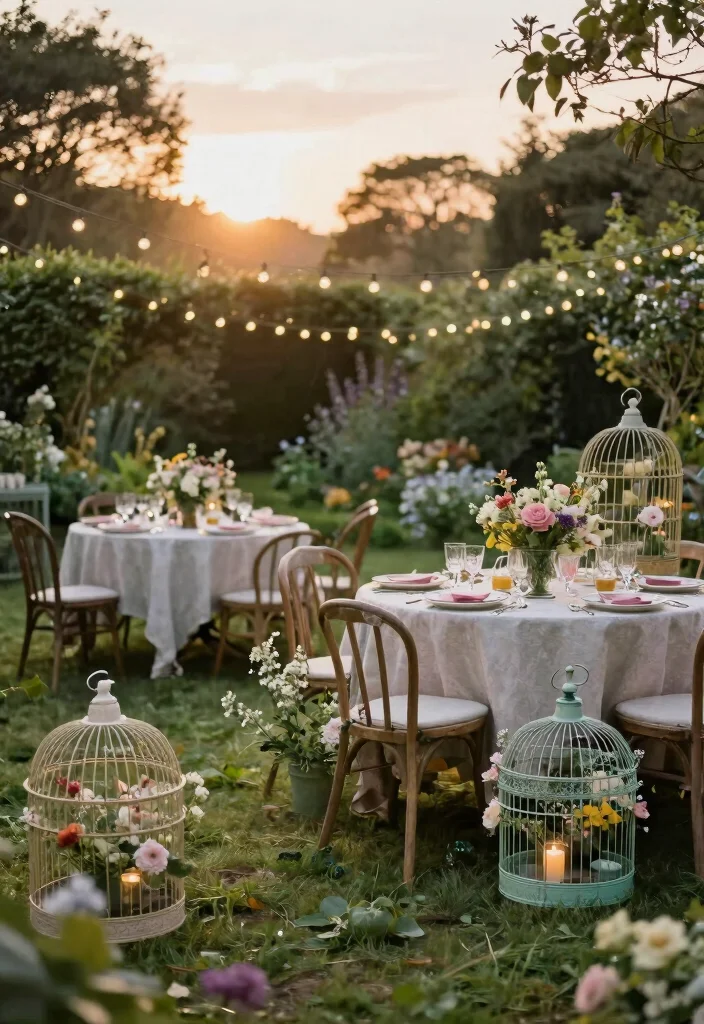 16 Bird Cage Planter Ideas That Look Whimsical & Chic 27 16 Bird Cage Planter Ideas That Look Whimsical & Chic - 7. Vintage Garden Party Decor 1