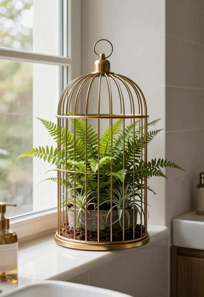 16 Bird Cage Planter Ideas That Look Whimsical & Chic 28 16 Bird Cage Planter Ideas That Look Whimsical & Chic - 8. Stunning Bathroom Accent 1