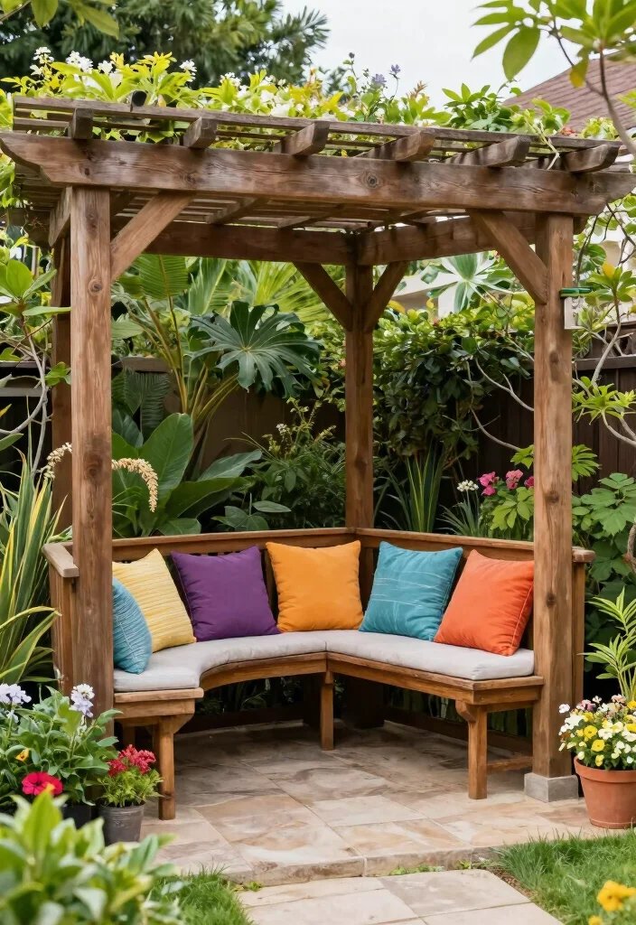 16 Corner Pergola Ideas That Maximize Small Spaces - 10. Pergola with Built-in Seating 1