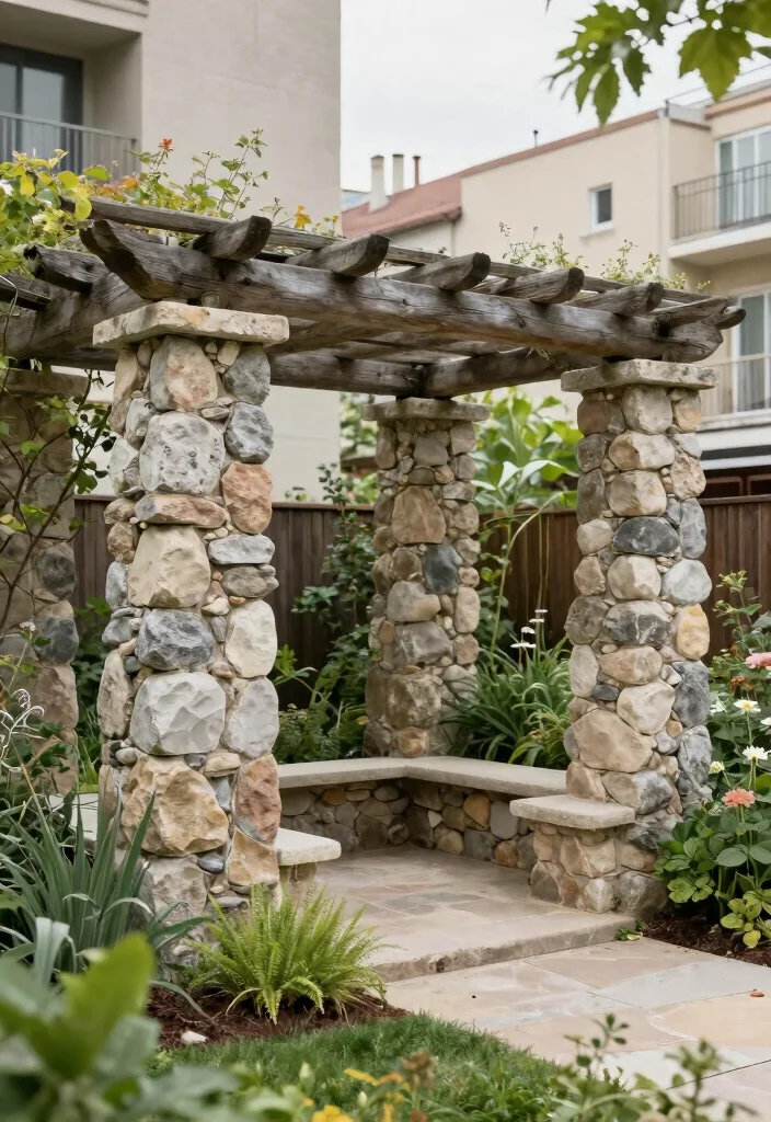 16 Corner Pergola Ideas That Maximize Small Spaces - 11. Rustic Stone Pergola 1