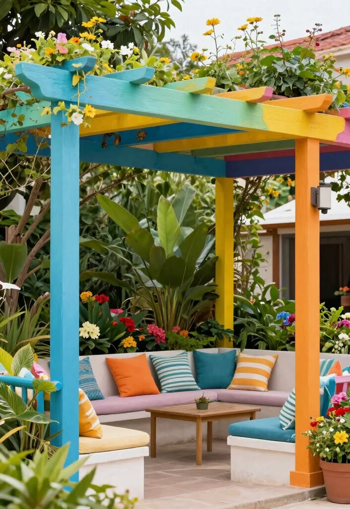 16 Corner Pergola Ideas That Maximize Small Spaces - 12. Colorful Painted Pergola 1