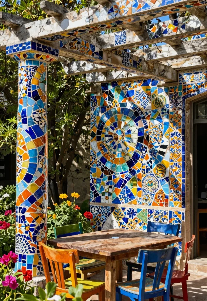 16 Corner Pergola Ideas That Maximize Small Spaces - 8. Mosaic Tile Pergola 1