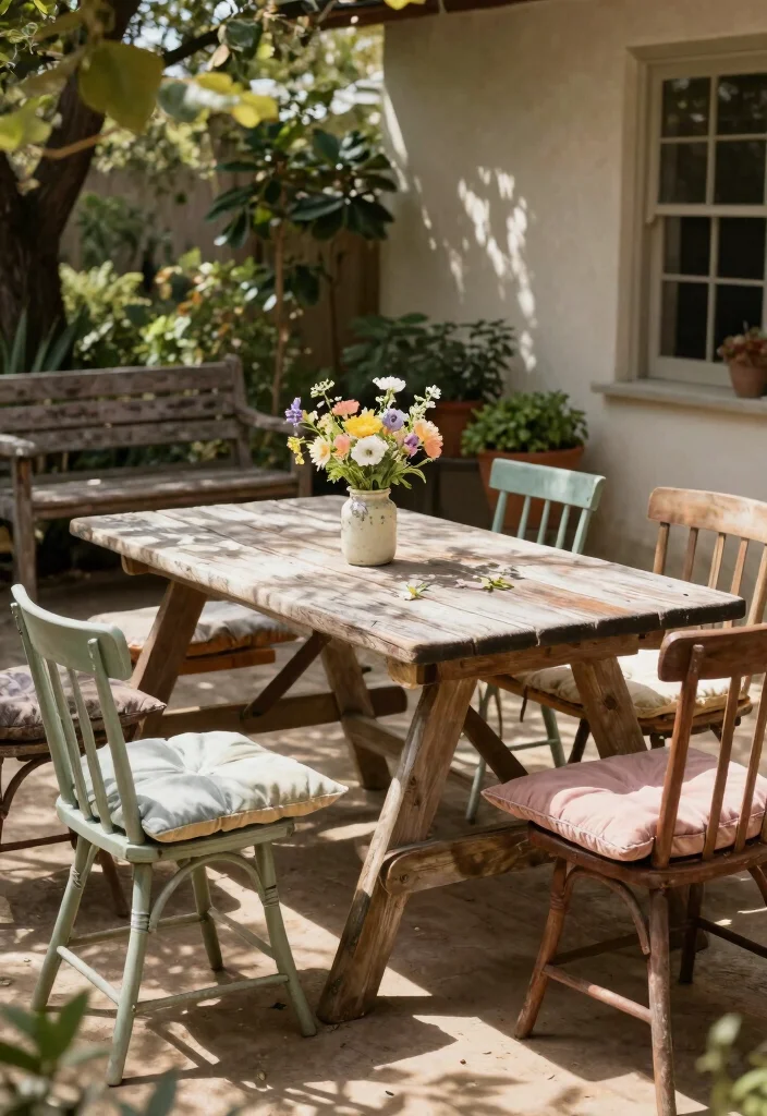 16 Farmhouse Patio Ideas That Feel Cozy & Timeless - 1. Vintage Rustic Furniture 1