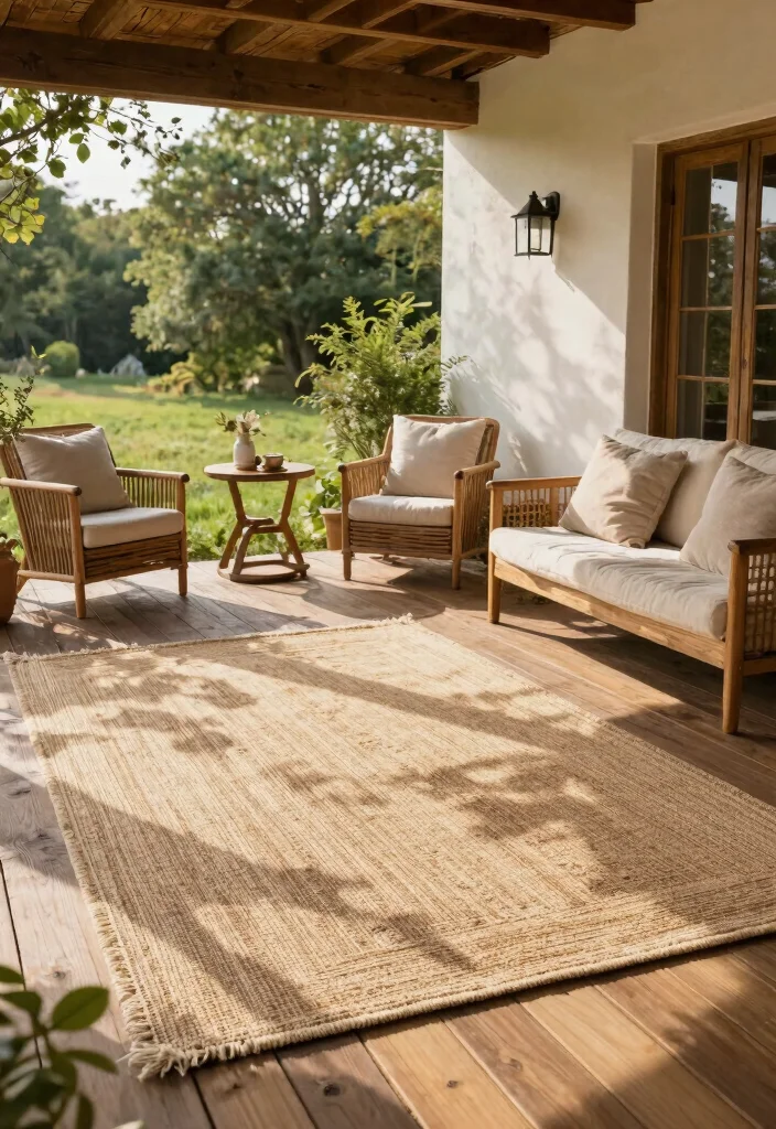 16 Farmhouse Patio Ideas That Feel Cozy & Timeless - 10. Outdoor Rugs for Warmth 1