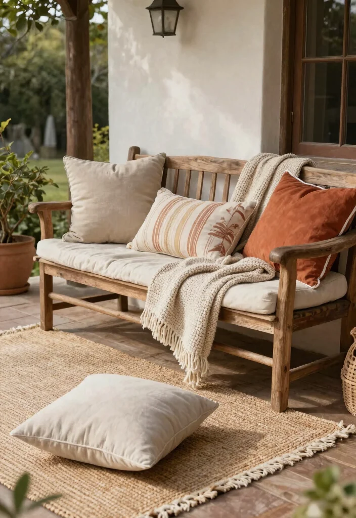16 Farmhouse Patio Ideas That Feel Cozy & Timeless - 4. Soft Textiles for Comfort 1