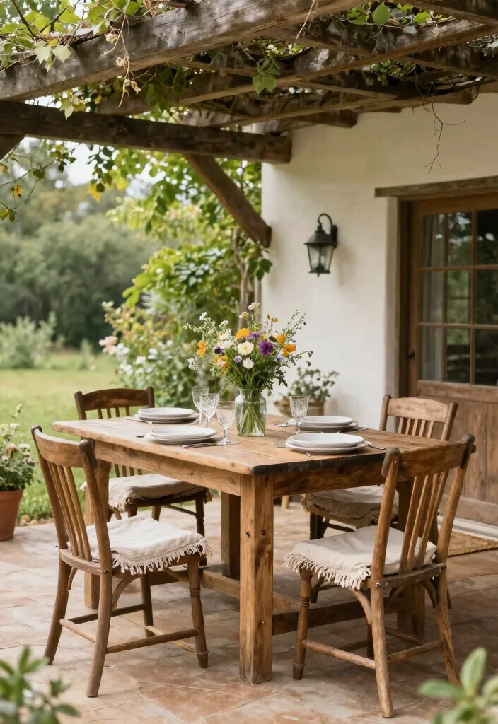 16 Farmhouse Patio Ideas That Feel Cozy & Timeless - 9. Rustic Dining Setup 1