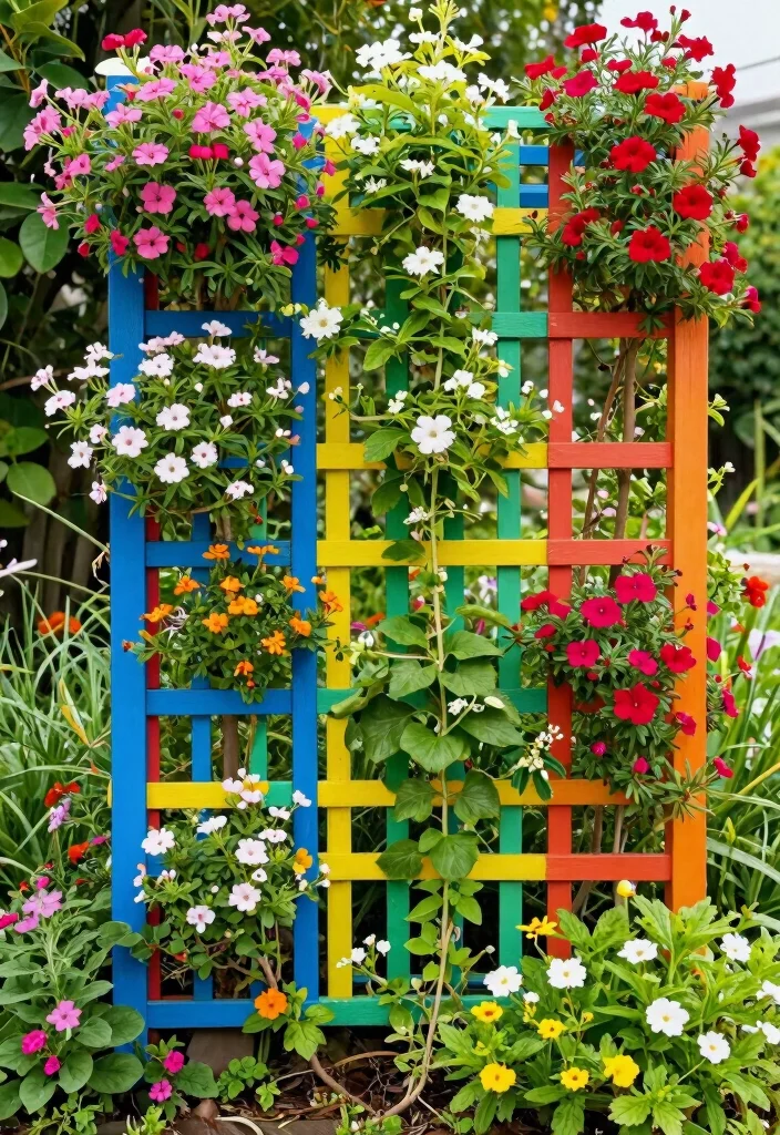 16 Flower Trellis Ideas That Create a Blooming Statement 56 16 Flower Trellis Ideas That Create a Blooming Statement - 16. Colorful Vertical Grid Trellis 1