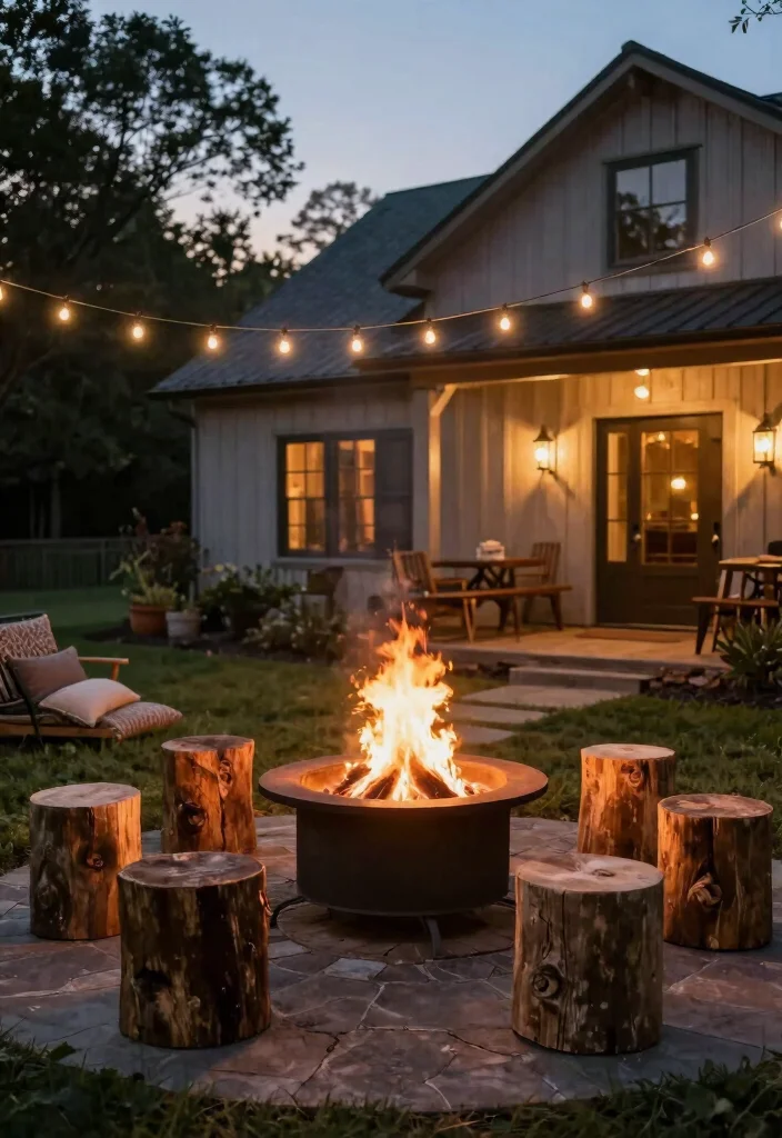 17 Farmhouse Front Yard Landscaping Ideas With Rustic Charm - 12. Cozy Fire Pit Area 1