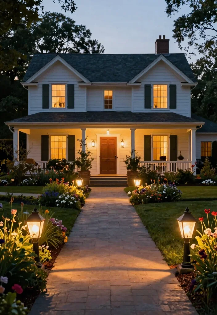 17 Farmhouse Front Yard Landscaping Ideas With Rustic Charm - 17. Charming Pathway Lighting 1