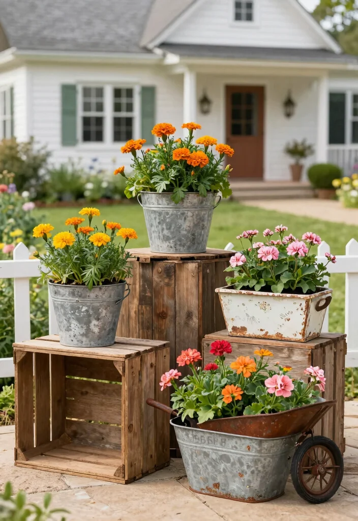 17 Farmhouse Front Yard Landscaping Ideas With Rustic Charm - 2. Vintage Planters 1