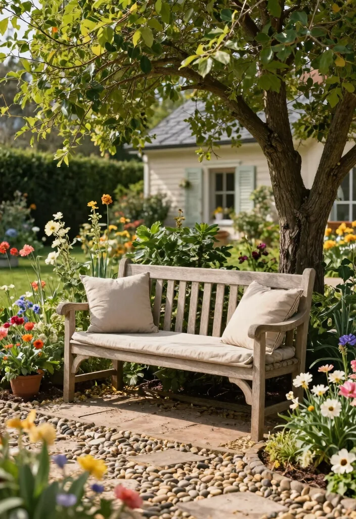 17 Farmhouse Front Yard Landscaping Ideas With Rustic Charm - 3. Rustic Bench Seating 1