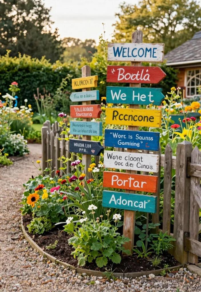 17 Farmhouse Front Yard Landscaping Ideas With Rustic Charm - 4. Whimsical Garden Signs 1