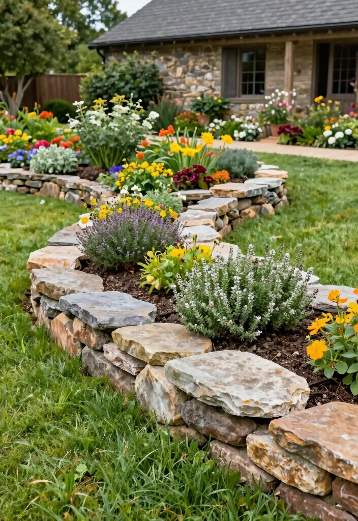 17 Farmhouse Front Yard Landscaping Ideas With Rustic Charm - 5. Natural Stone Borders 1