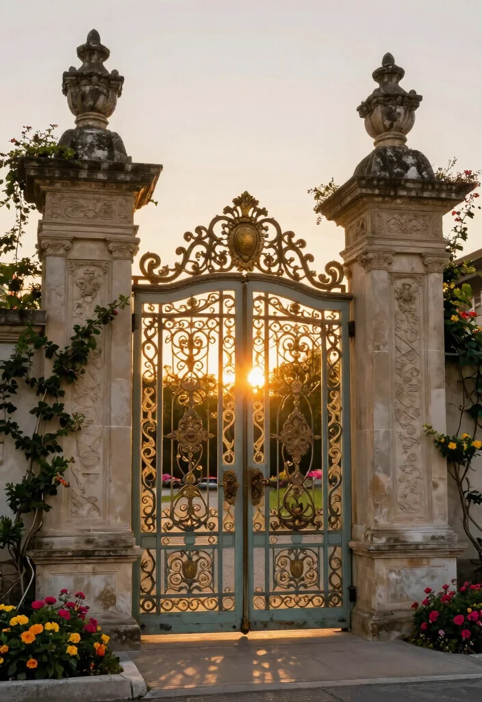 17 Gate Fence Ideas That Make a Grand Entrance - 14. Ornamental Gate with Stone Pillars 1