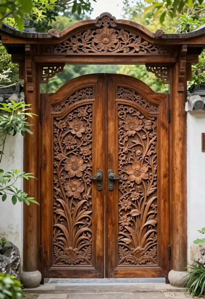 17 Gate Fence Ideas That Make a Grand Entrance - 17. Artistic Wood Carved Gate 1