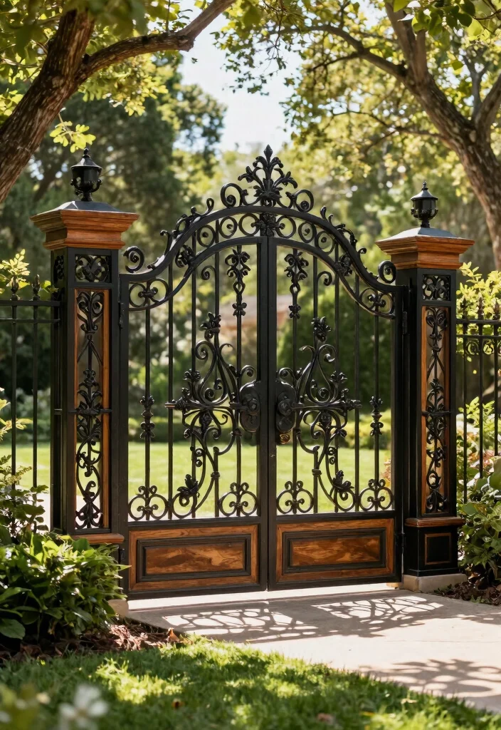 17 Gate Fence Ideas That Make a Grand Entrance - 2. Wrought Iron Gate with Wooden Accents 1