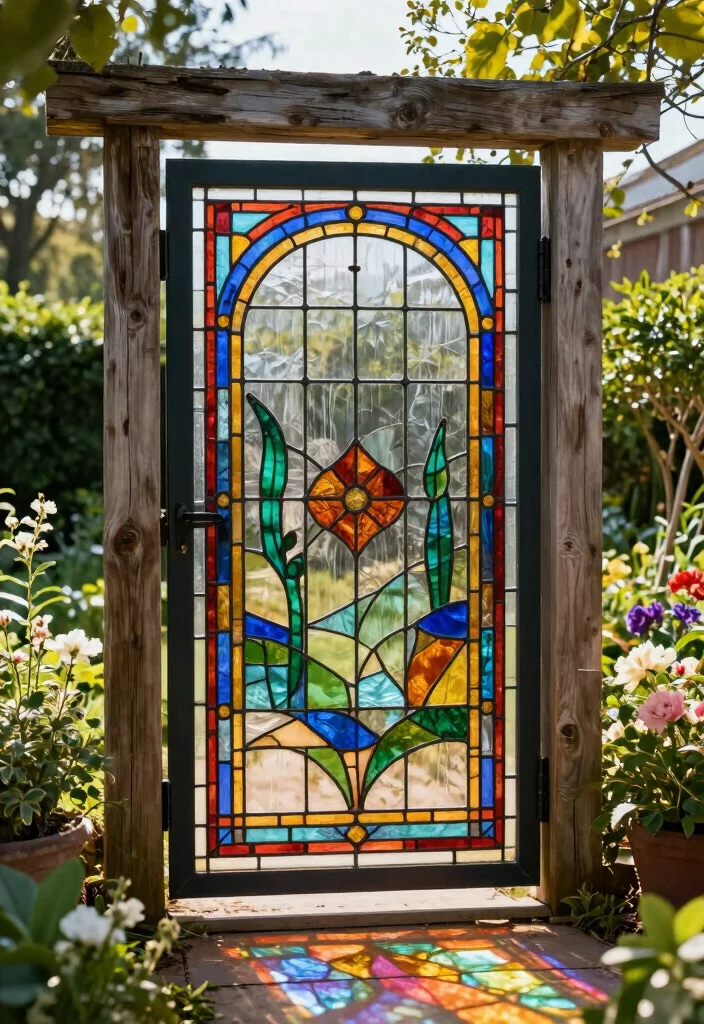 17 Gate Fence Ideas That Make a Grand Entrance - 8. Stained Glass Panel Gate 1