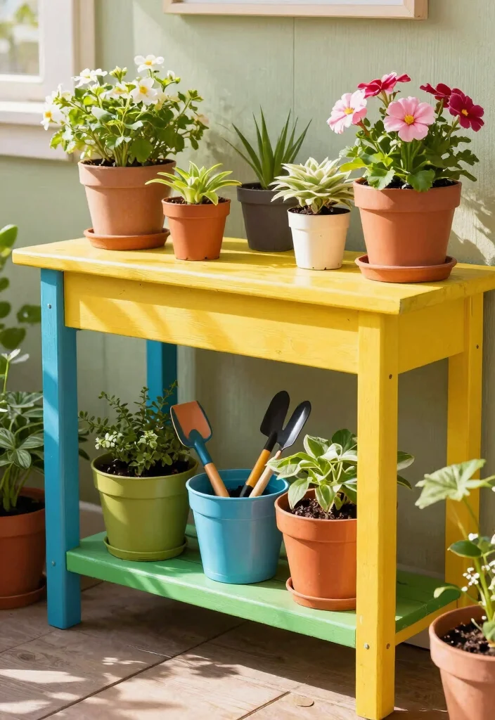 17 Planter Garden Ideas That Add Instant Color - 14. Colorful Potting Bench 1