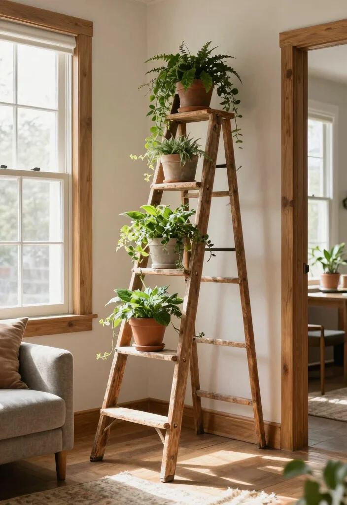 18 Plant Stand Ideas to Elevate Your Indoor & Outdoor Greenery 27 18 Plant Stand Ideas to Elevate Your Indoor & Outdoor Greenery - 7. Vintage Ladder Plant Display 1