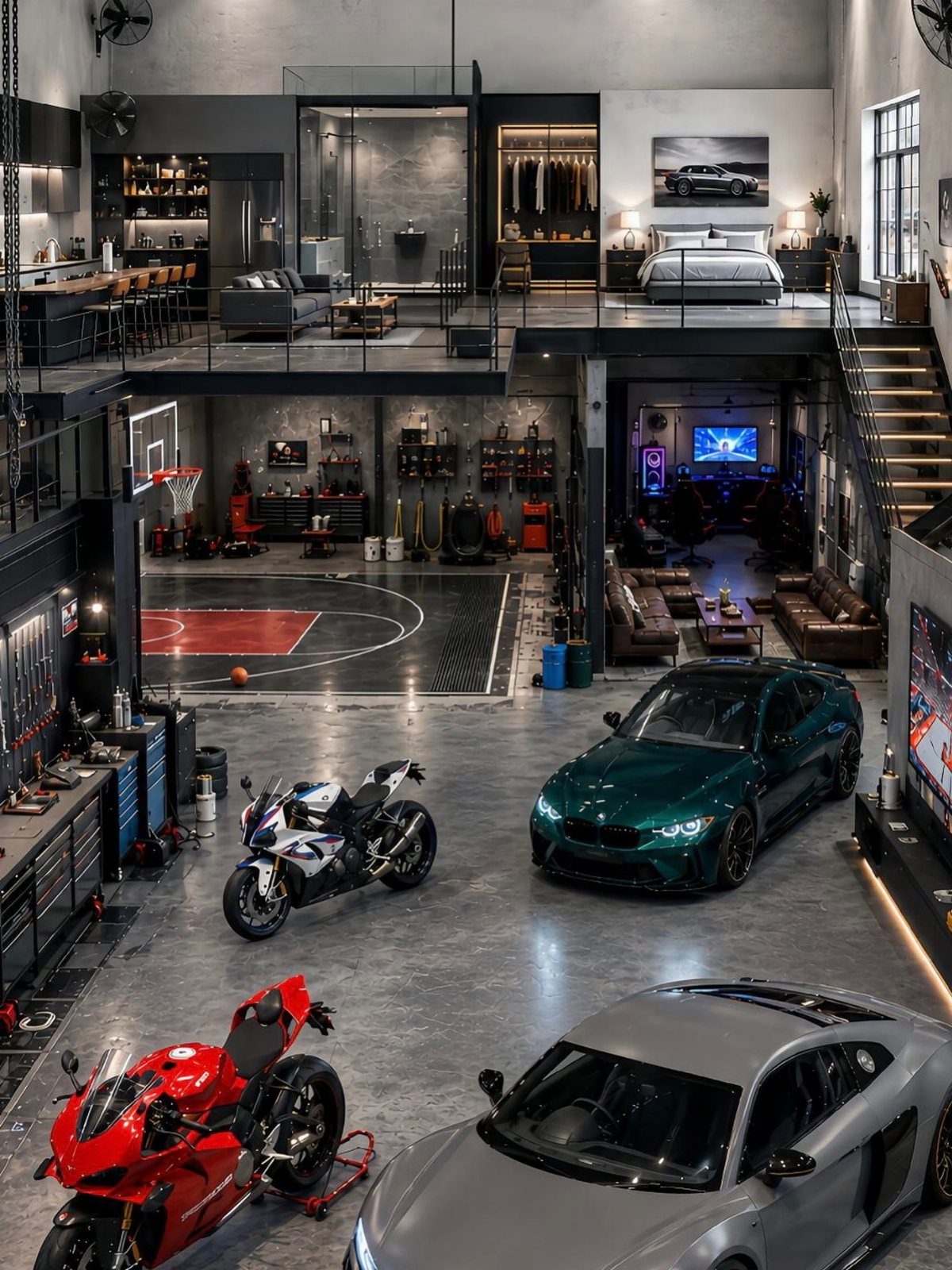 Luxury multi-level garage containing cars, motorcycles, a basketball court, a lounge, and an upper loft bedroom.