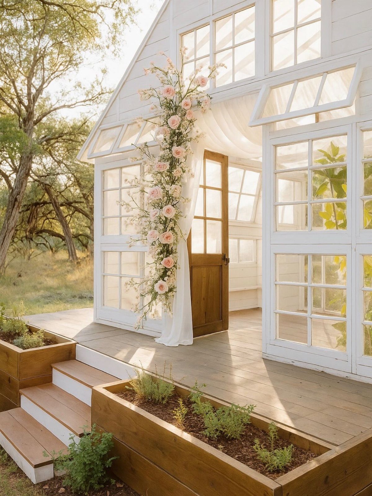White cottage shed with large windows, a wooden porch, and floral decorations in a garden setting.