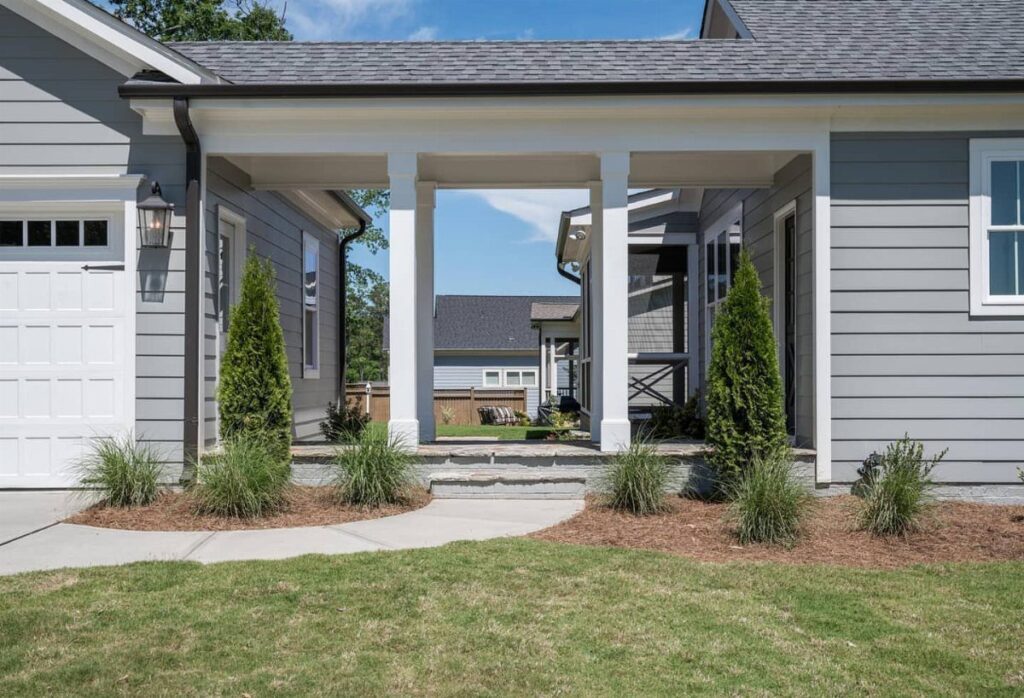 Grey detached garage connected to a house via a white columned covered breezeway and green landscaping.