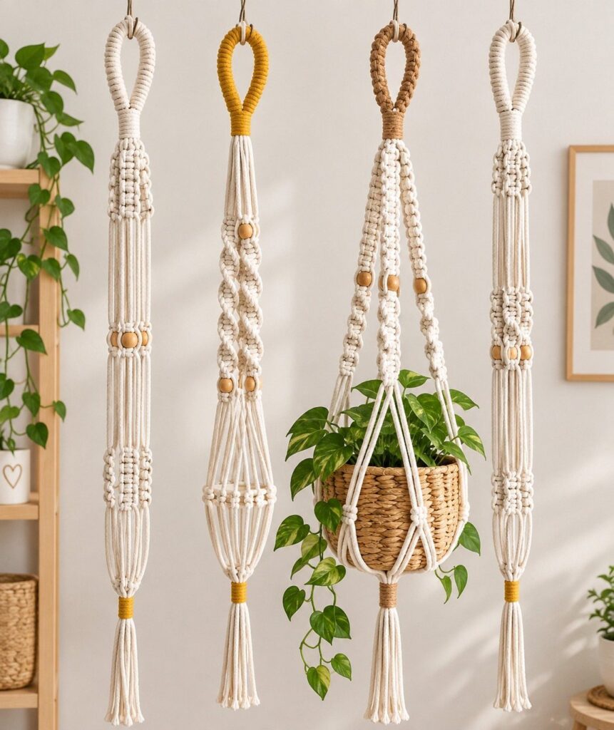 Four decorative macramé plant hangers hanging vertically against a plain light-colored wall.