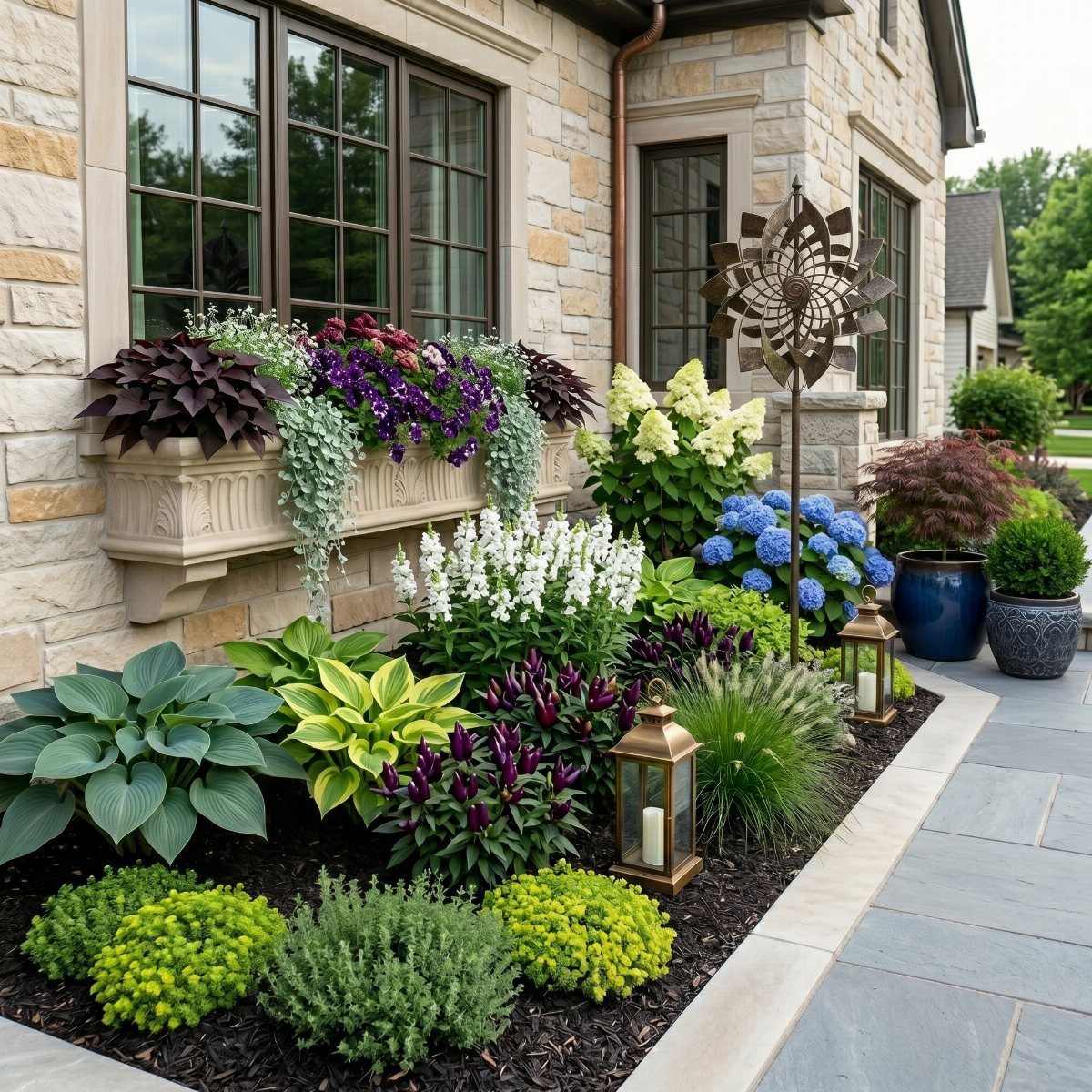 Lush garden bed with layered hostas, hydrangeas, and colorful flowers against a stone house.