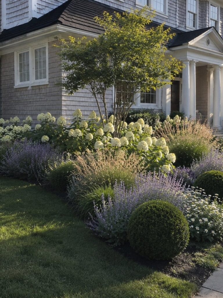 Lush garden with white hydrangeas, purple lavender, and a small tree in front of a grey house.