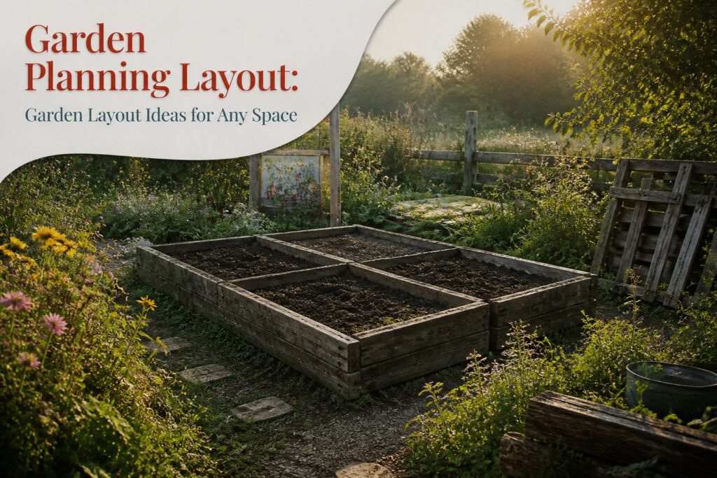 A colorful vegetable garden with various plants arranged in an organized layout.