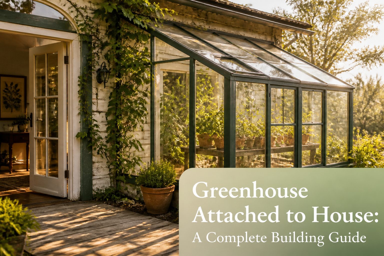 A greenhouse room attached to a house with large glass panels.