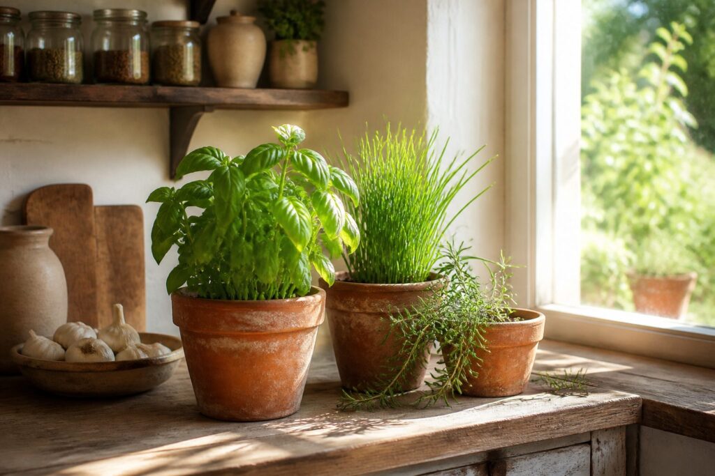 A kitchen counter with potted herbs and gardening supplies.