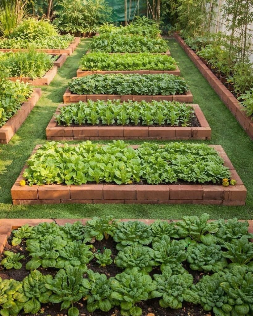Raised brick garden beds filled with various green leafy vegetables arranged on a green lawn.