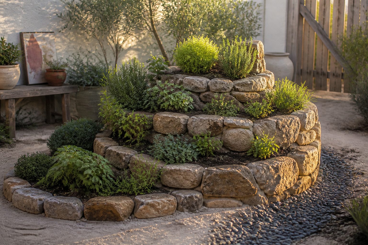 Herb spiral garden with various herbs arranged in a spiral shape.